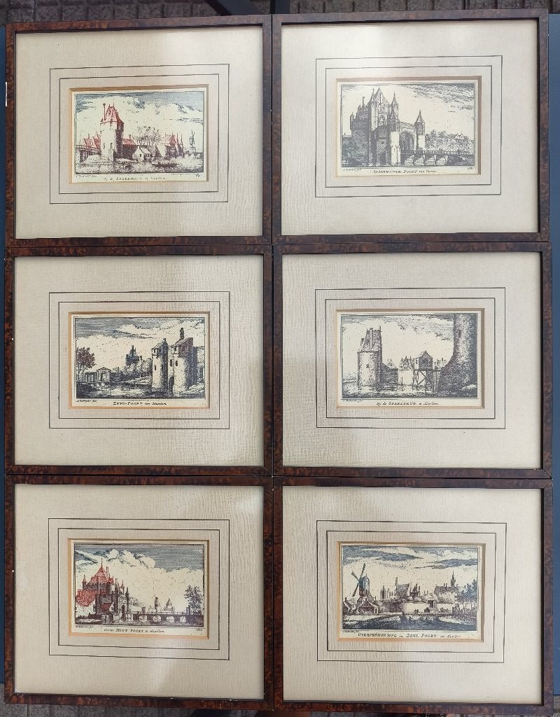 6 etsen - ingelijst - Haarlem - Abraham Rademaker, Antiek en Kunst, Ingelijst, Ets, Stadsgezicht, 23 cm