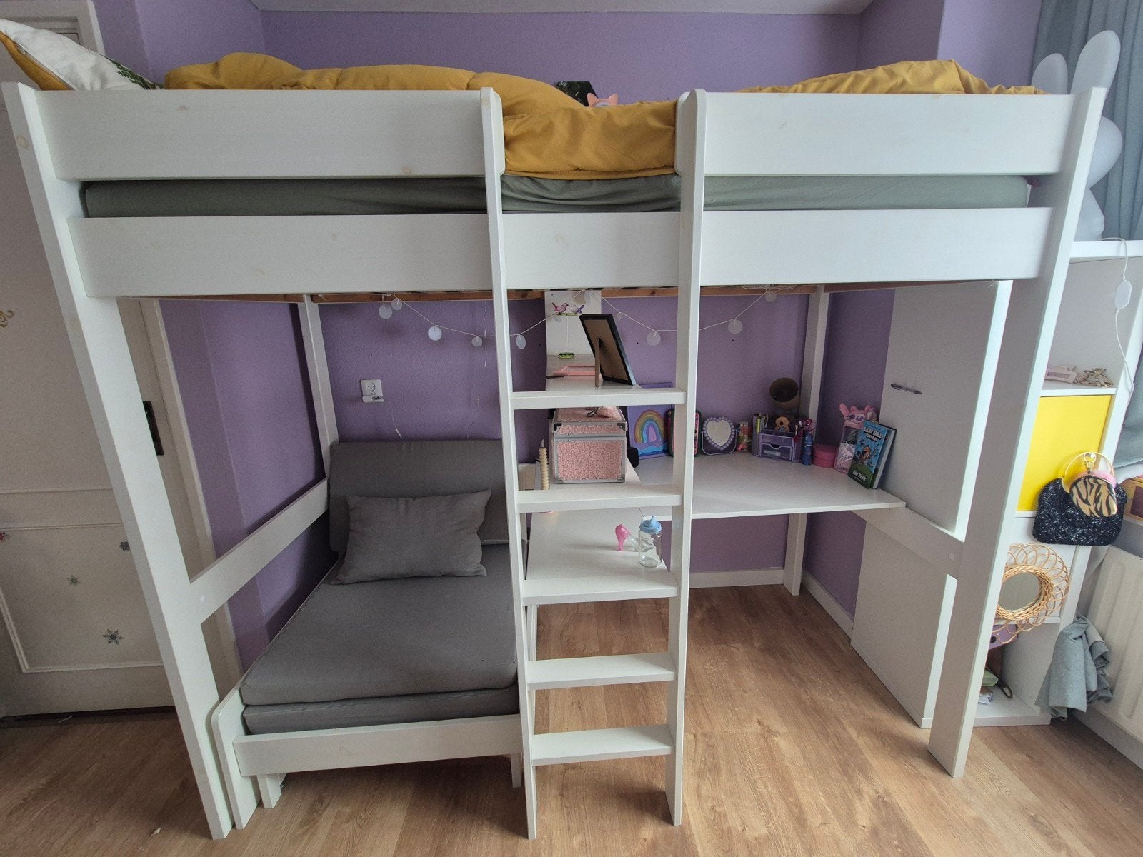 Hoogslaper 90x200 met bureau, bankje en uitschuifbaar bed, Kinderen en Baby's, Ophalen, Zo goed als nieuw, Hoogslaper