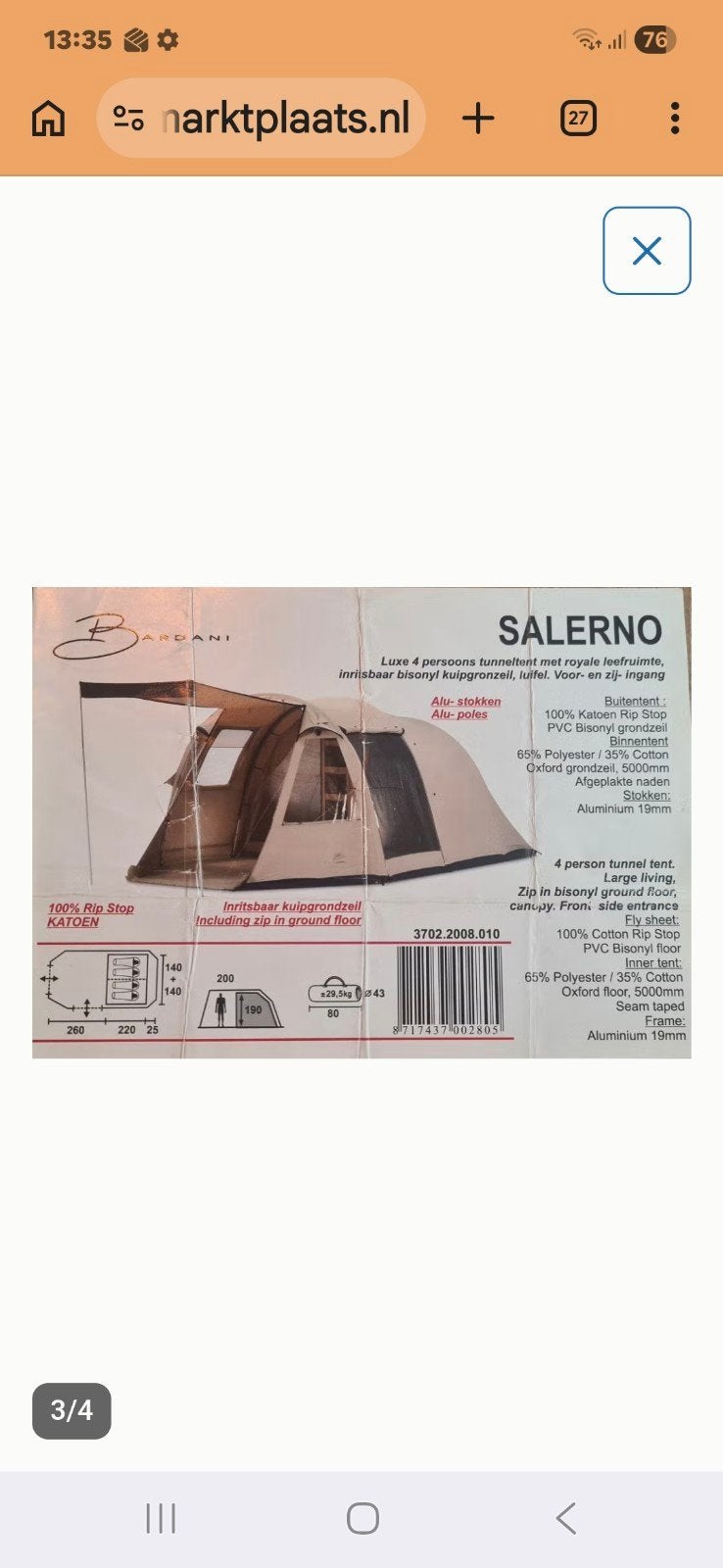 Bardani Salerno 4 p beige technisch katoen, Caravans en Kamperen, Ophalen, Gebruikt, Tot en met 4
