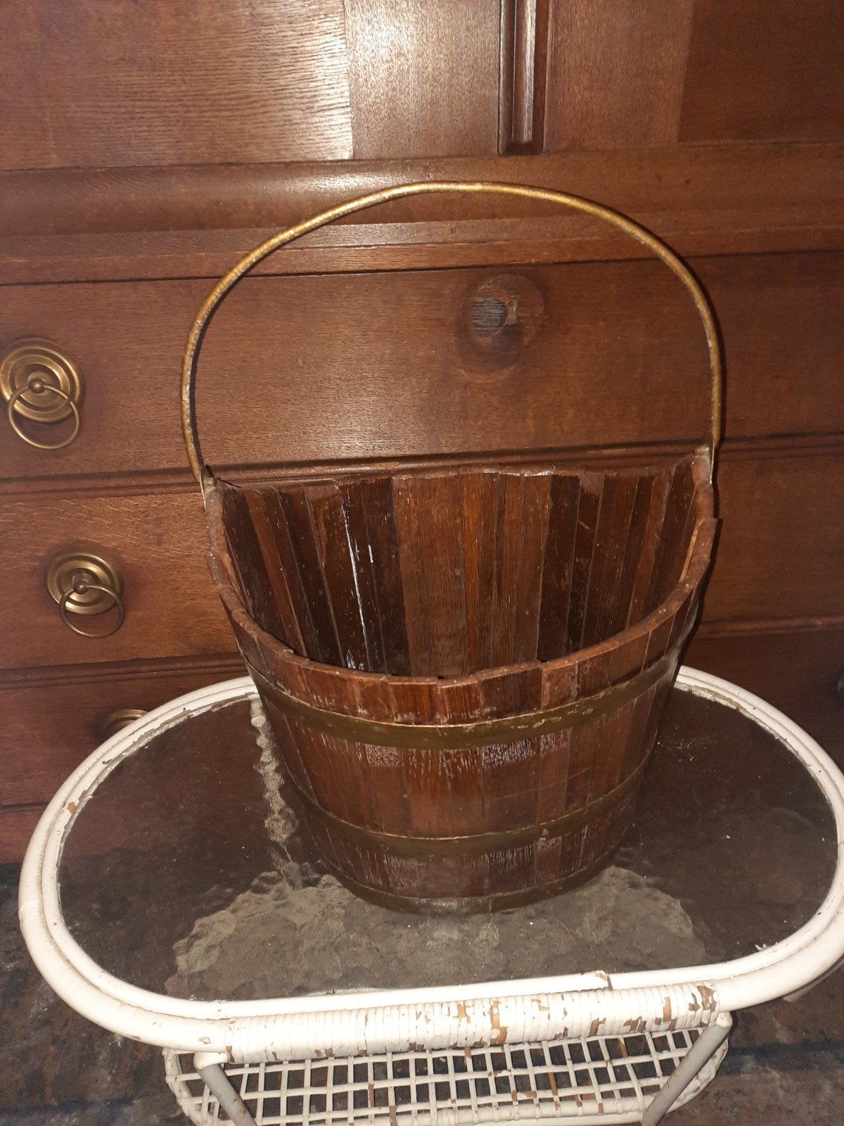 Antieke houten emmer met messing banden, Ophalen of Verzenden