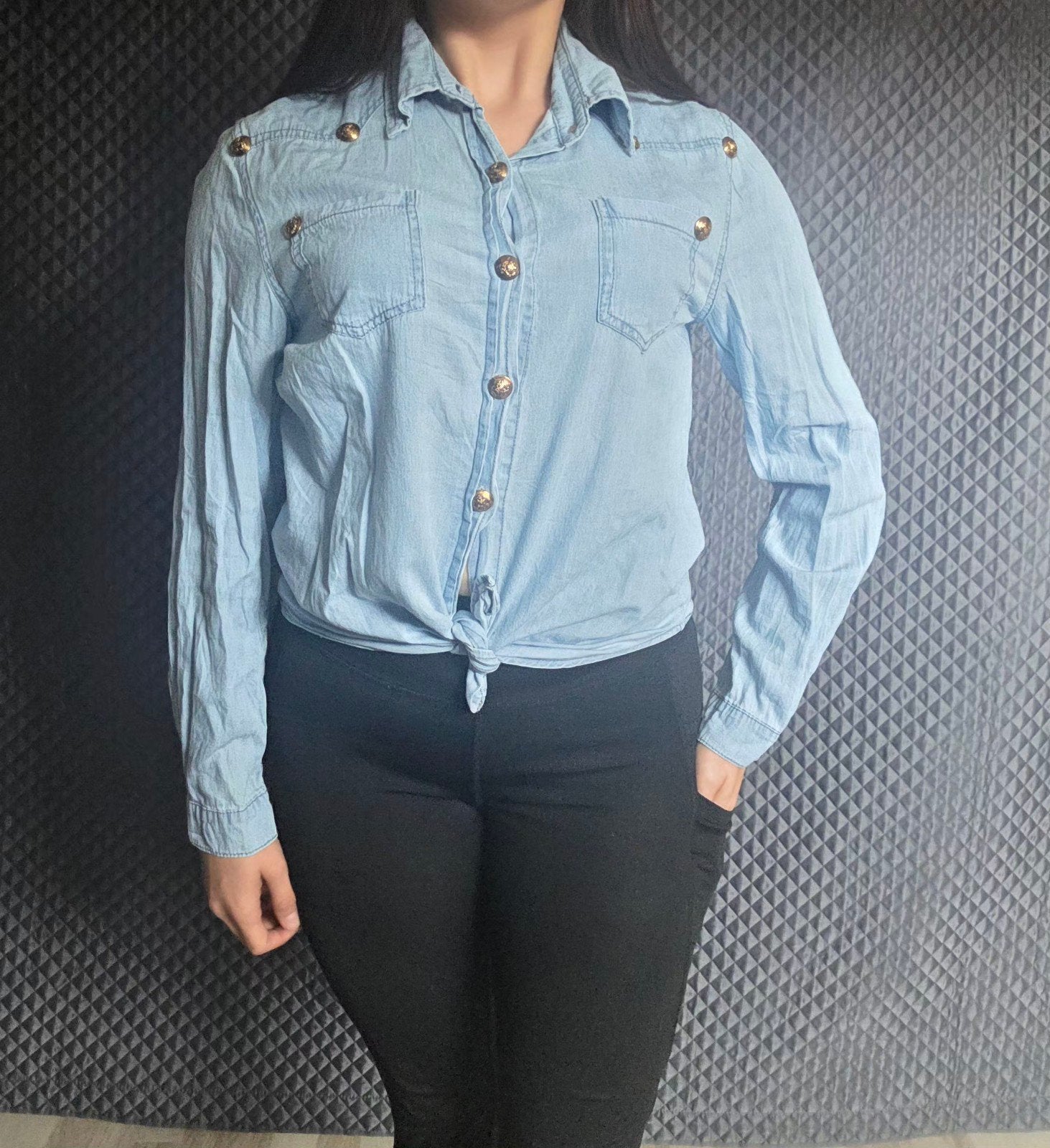 Lichtblauwe spijkerblouse met gouden knopen, Blauw, Maat 42/44 (L), Ophalen of Verzenden, WEI WEI!