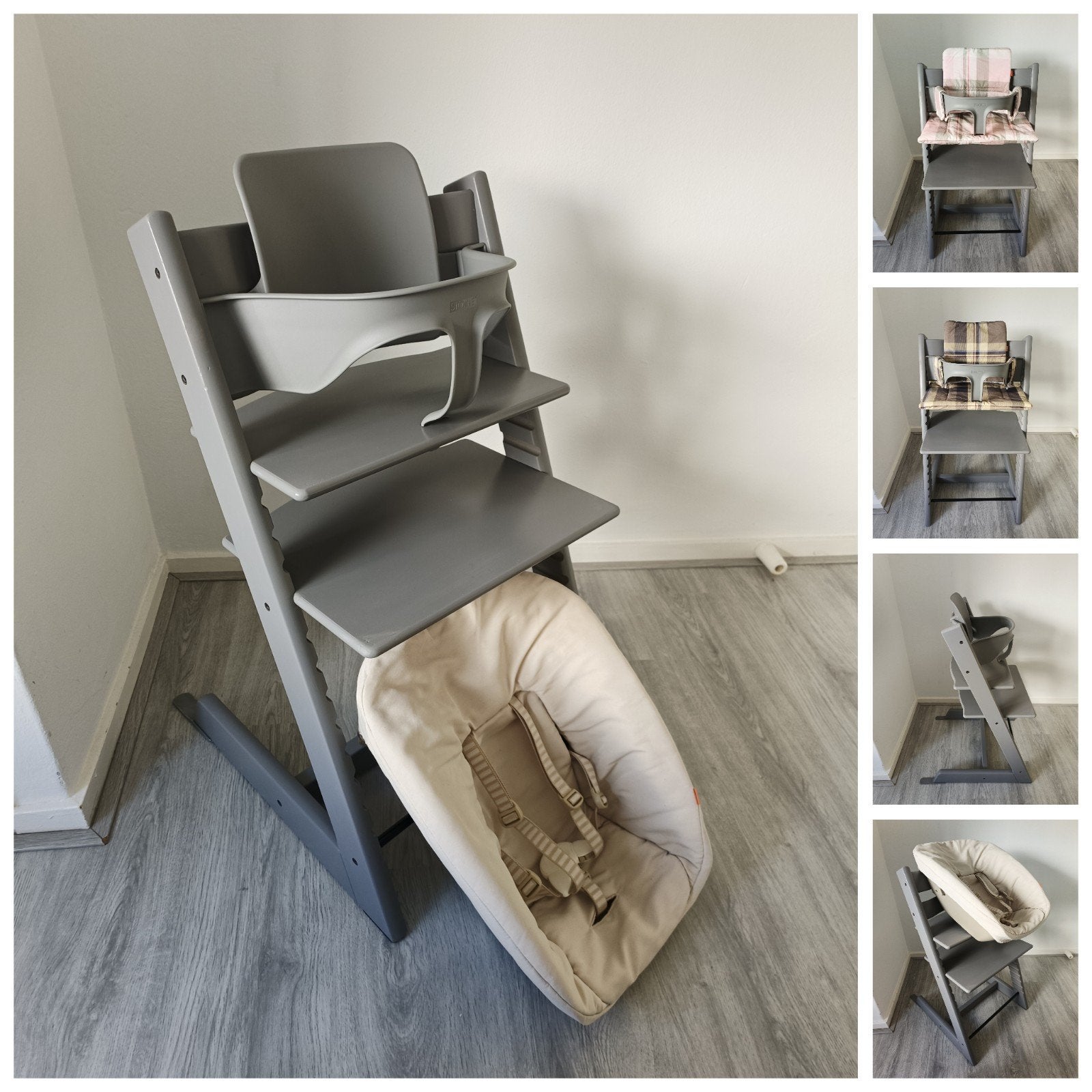 Stokke Tripp Trapp storm grey+babyset,2 kussenset,newbornset, Kinderen en Baby's, Meegroeistoel, Ophalen of Verzenden, Zo goed als nieuw