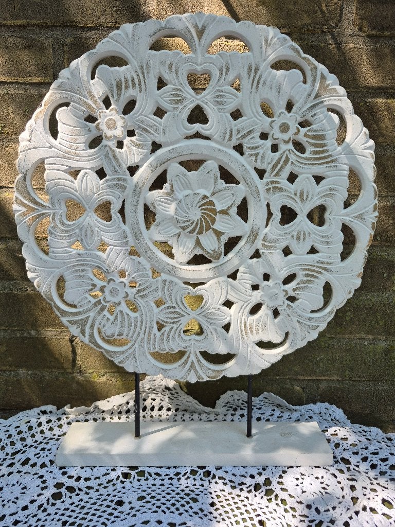 Decoratieve wit houten Mandala op Voet, Hout, Gebruikt, Overige stijlen, Ophalen of Verzenden