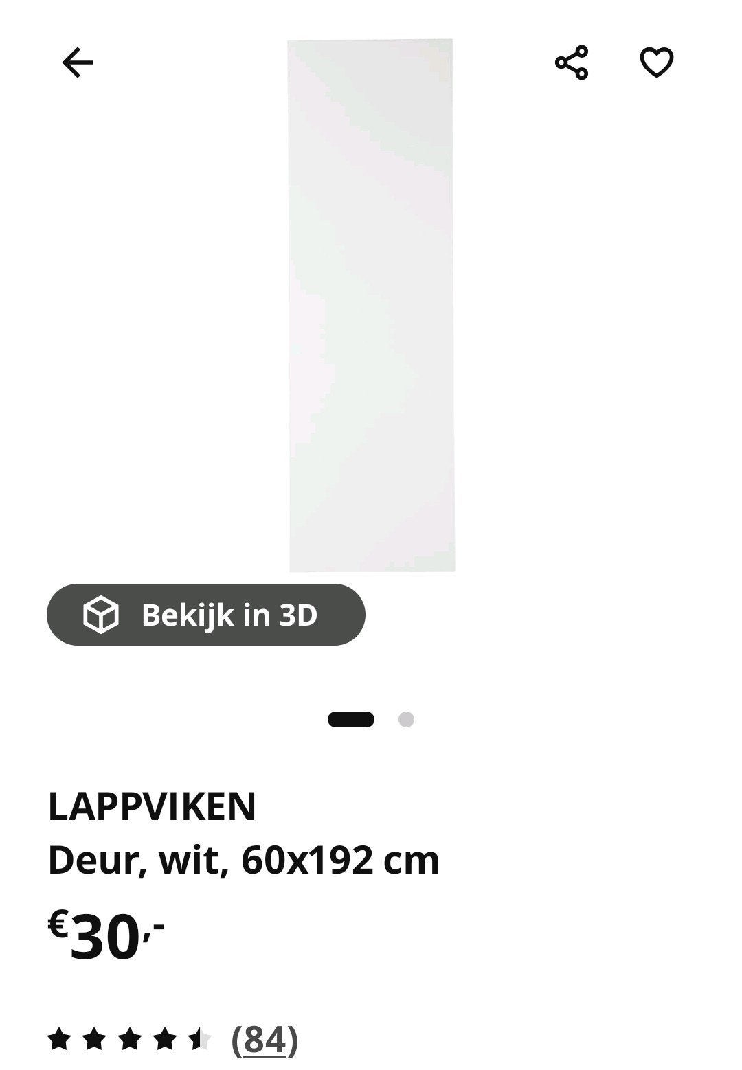 LAPPVIKEN Deur, wit, 60x192 cm, Ophalen, Minder dan 80 cm, Binnendeur, Nieuw
