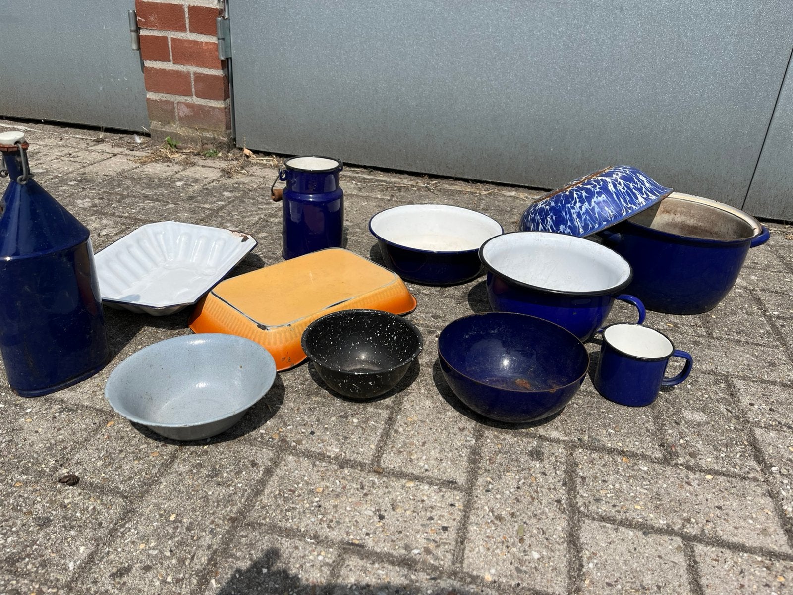 Brocante blauw emaille,oud enaille veldfles,emaille kan, Ophalen of Verzenden