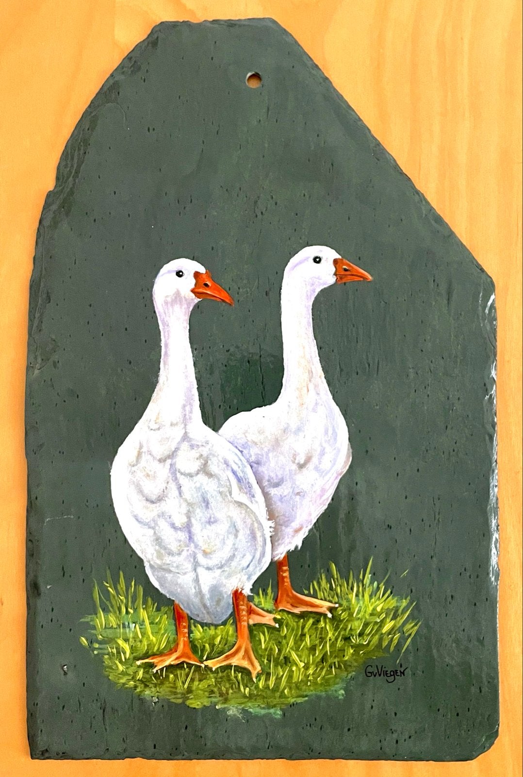 Handgeschilderde ganzen op leisteen wanddecoratie, Gebruikt, Meerkleurig, Steen/keramiek, Ophalen of Verzenden