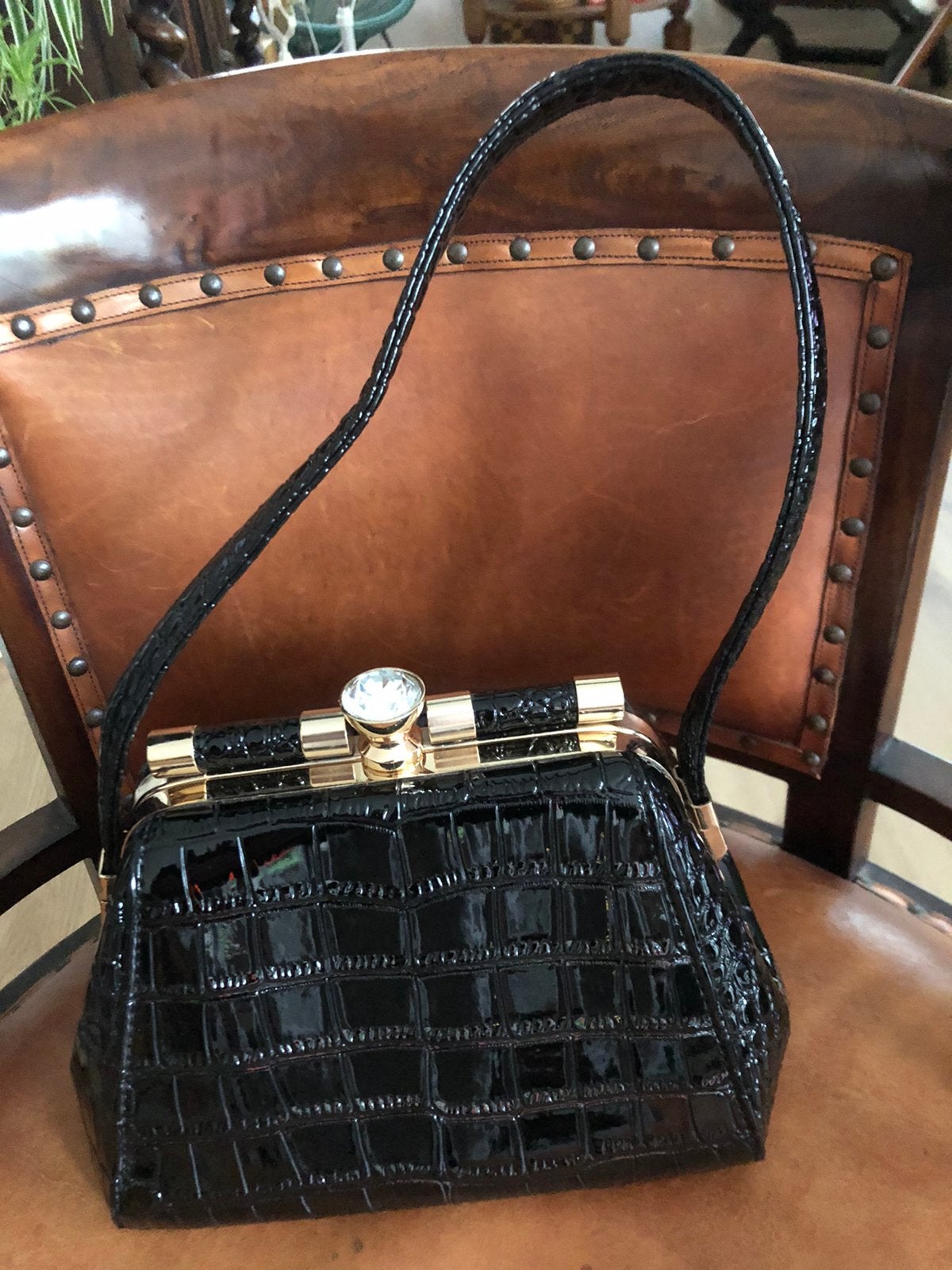 Croco dames handtas met  kristalachtige knop, Ophalen of Verzenden, Zo goed als nieuw, Zwart, Handtas