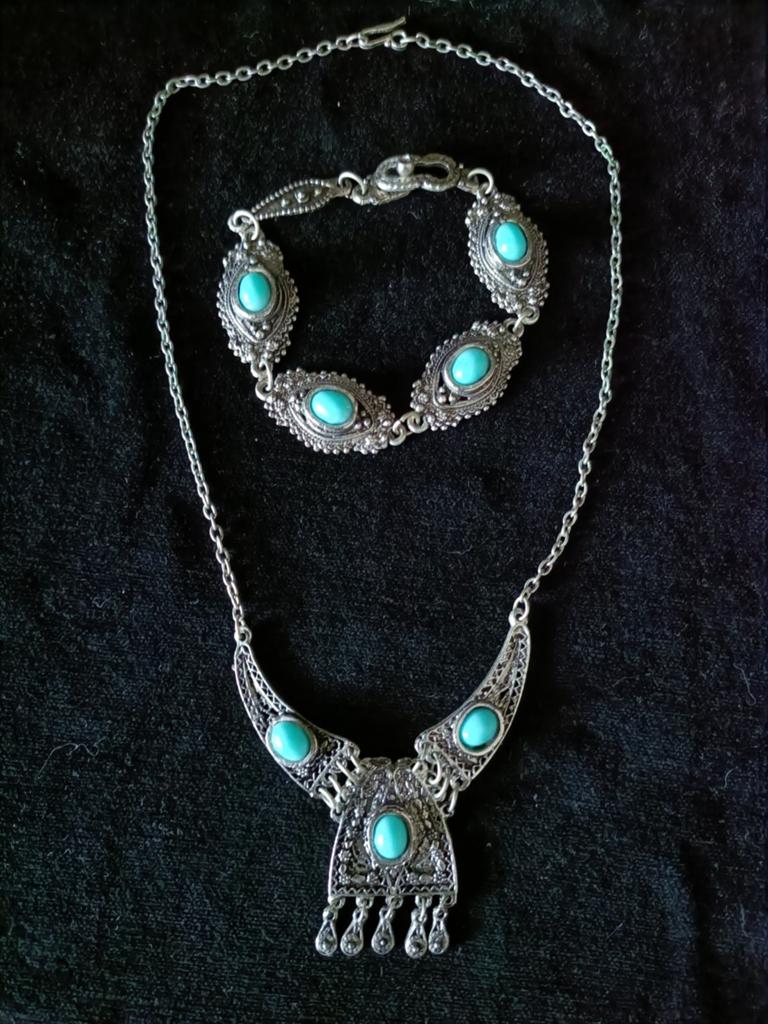 Vintage Etnische Filigraan Ketting & Armband Set Turkoois, Ophalen of Verzenden, Zo goed als nieuw, Zilver, Overige materialen