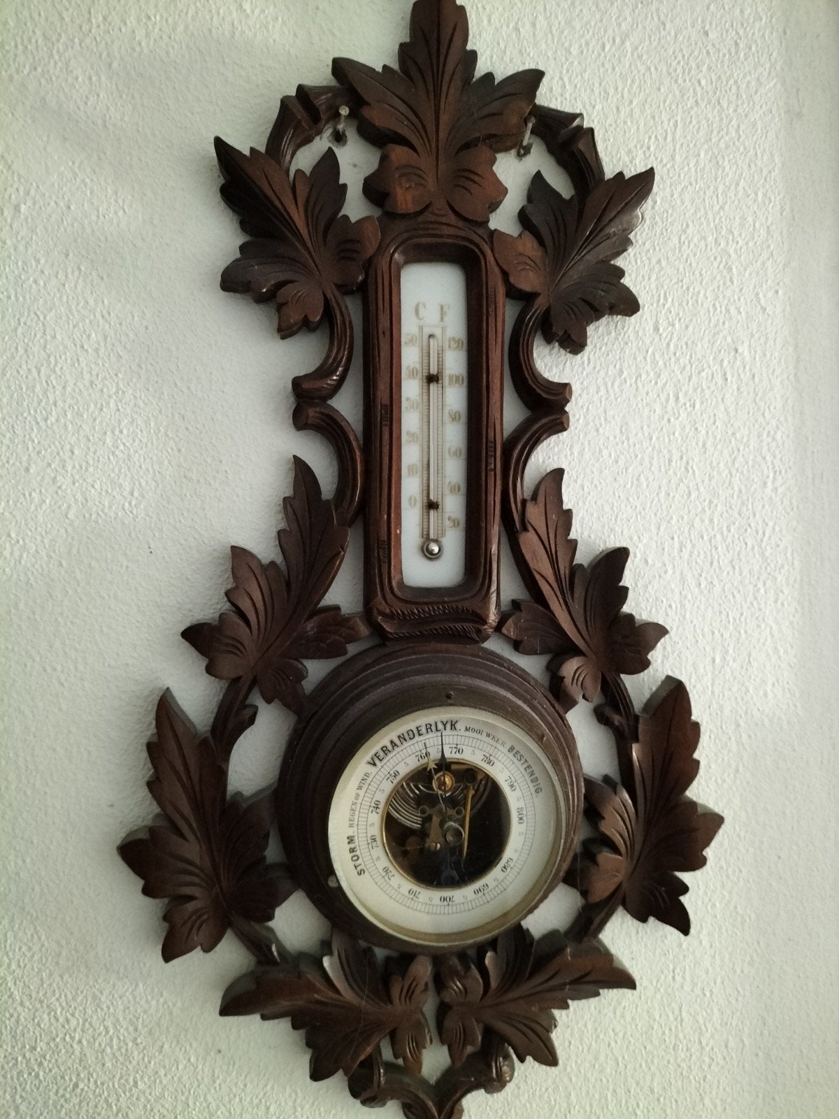 Antieke Barometer met Thermometer - Houtsnijwerk, Ophalen, Gebruikt, Barometer
