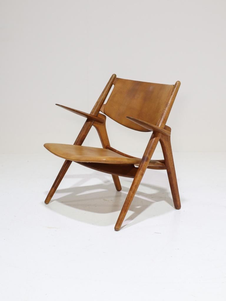 CH28 Sawbuck fauteuil Hans J Wegner eiken 1950s Deens, Huis en Inrichting, Fauteuils, Ophalen, -, Minder dan 75 cm, -
