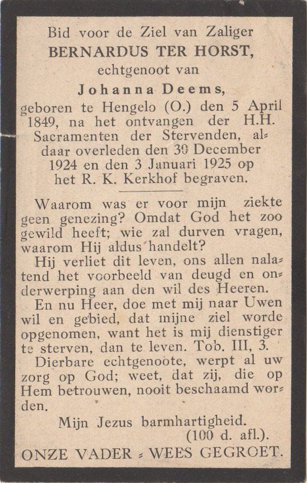 Bernardus ter Horst 1849 Hengelo + 1925 Hengelo, 75 jaar oud, Ophalen of Verzenden