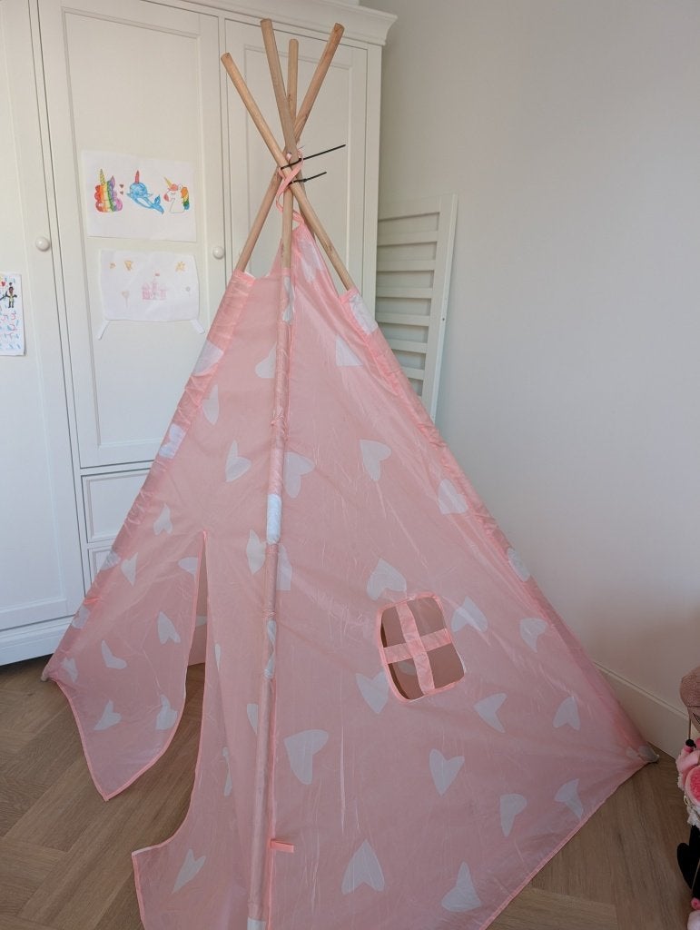Mooie roze tipitent met hartjes, en zijraampje, Ophalen, Zo goed als nieuw