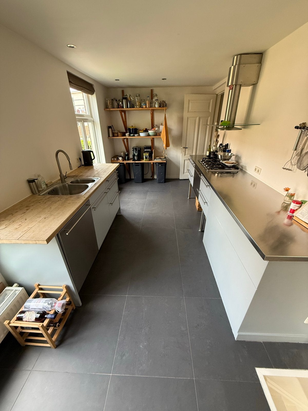 keuken met RVS en houten blad, Gebruikt, Dubbelwandige keuken, Ophalen of Verzenden, Grijs