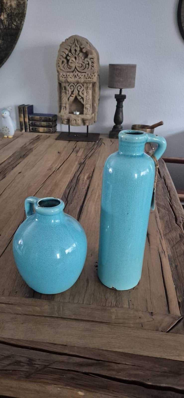 Set van 2 turquoise vazen/kruiken met craquelé-effect, Ophalen of Verzenden