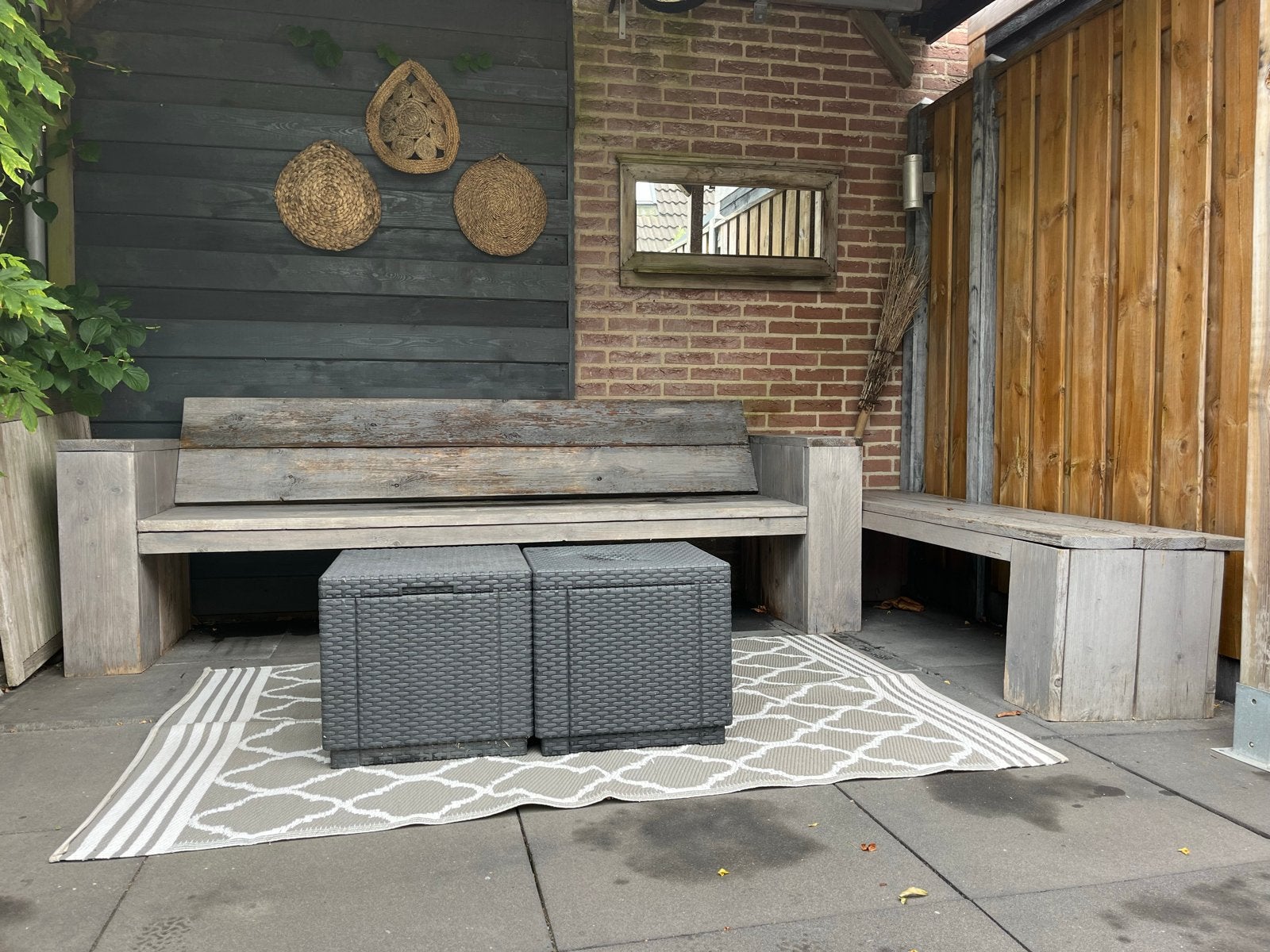 Robuuste steigerhouten buiten set - bank en losse bank, Tuin en Terras, Ophalen, 5 zitplaatsen, Gebruikt, Hout