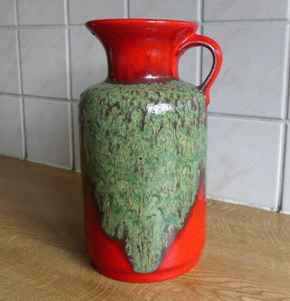 Jasba trompetvaas vintage vaas West-Germany rood groen, Huis en Inrichting, Gebruikt, Ophalen of Verzenden, 20 cm, Steen/keramiek