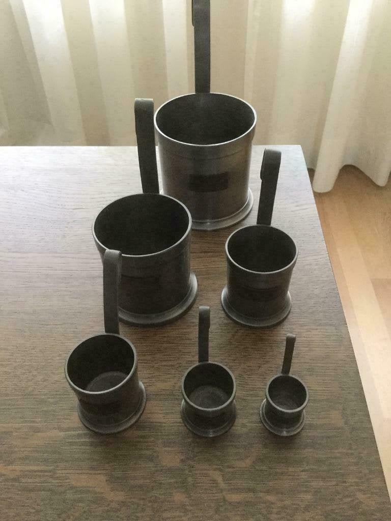 Tinnen Liter maatbekers, 6 stuks, VINTAGE, Antiek en Kunst, Ophalen of Verzenden
