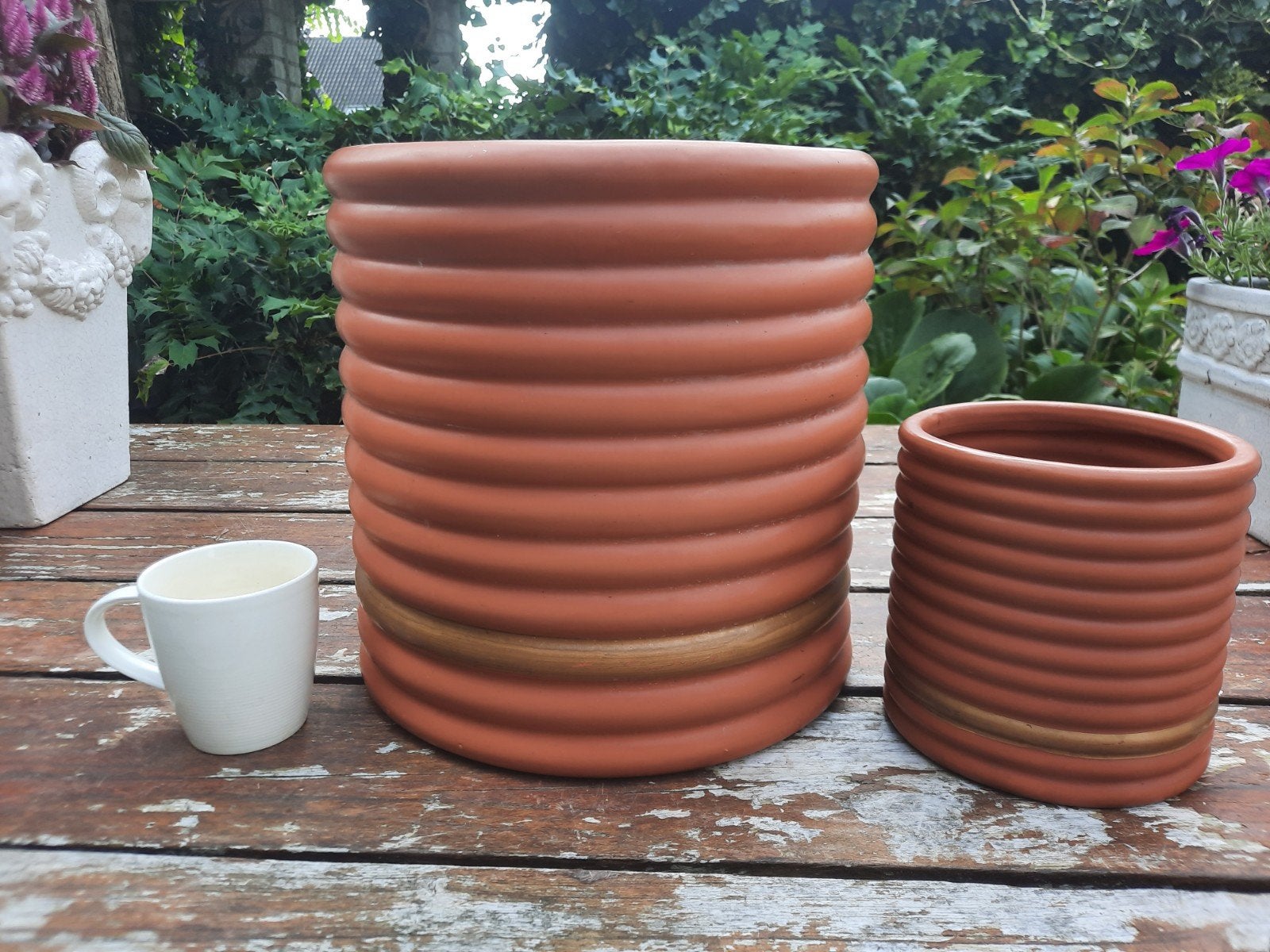prachtige set 2 terracotta bloempotten Riverdale, Ophalen, Rond, Zo goed als nieuw, Terracotta