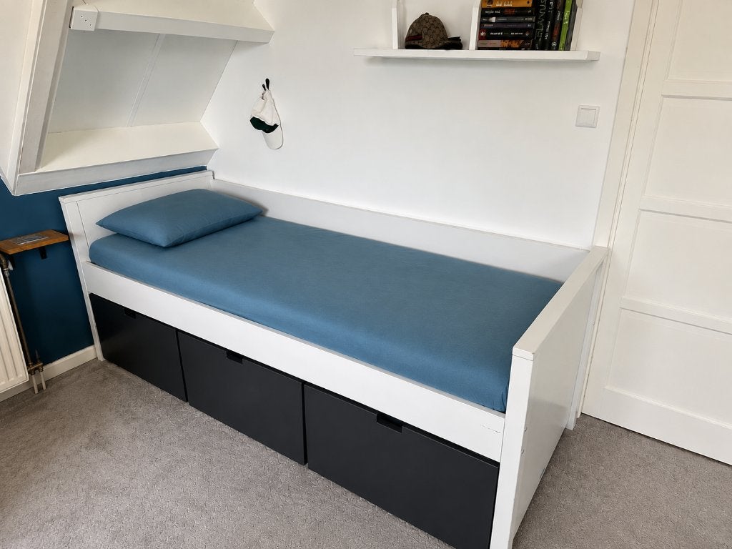 Bopita bed 90x200 met grote opbergladen, Ophalen, 90 cm, Eenpersoons, Wit