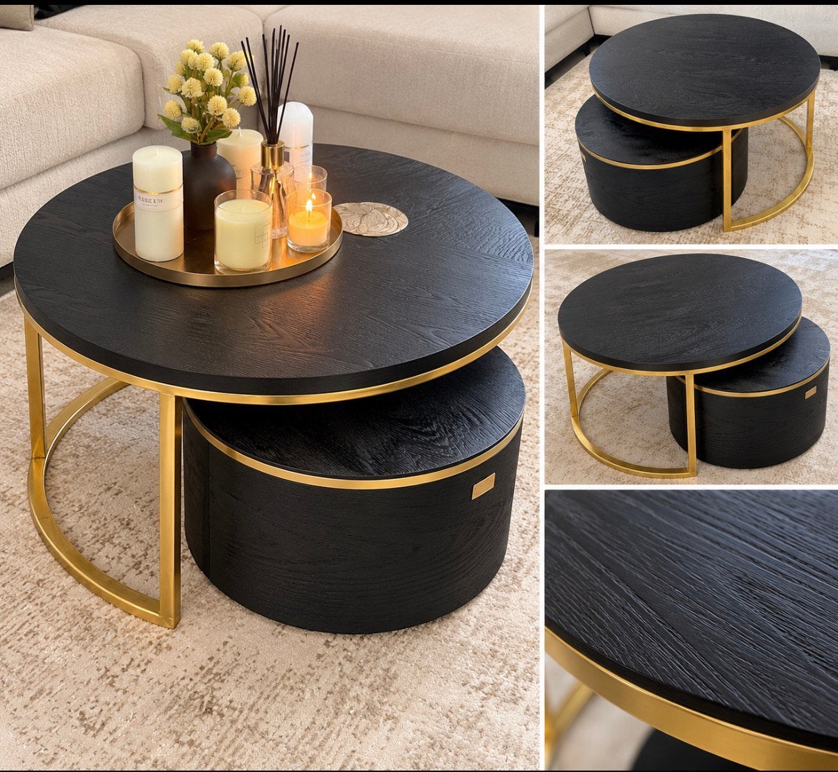 Set van 2 zwarte salontafels met gouden frame, Ophalen, 50 tot 100 cm, Modern, industrie, 50 tot 100 cm