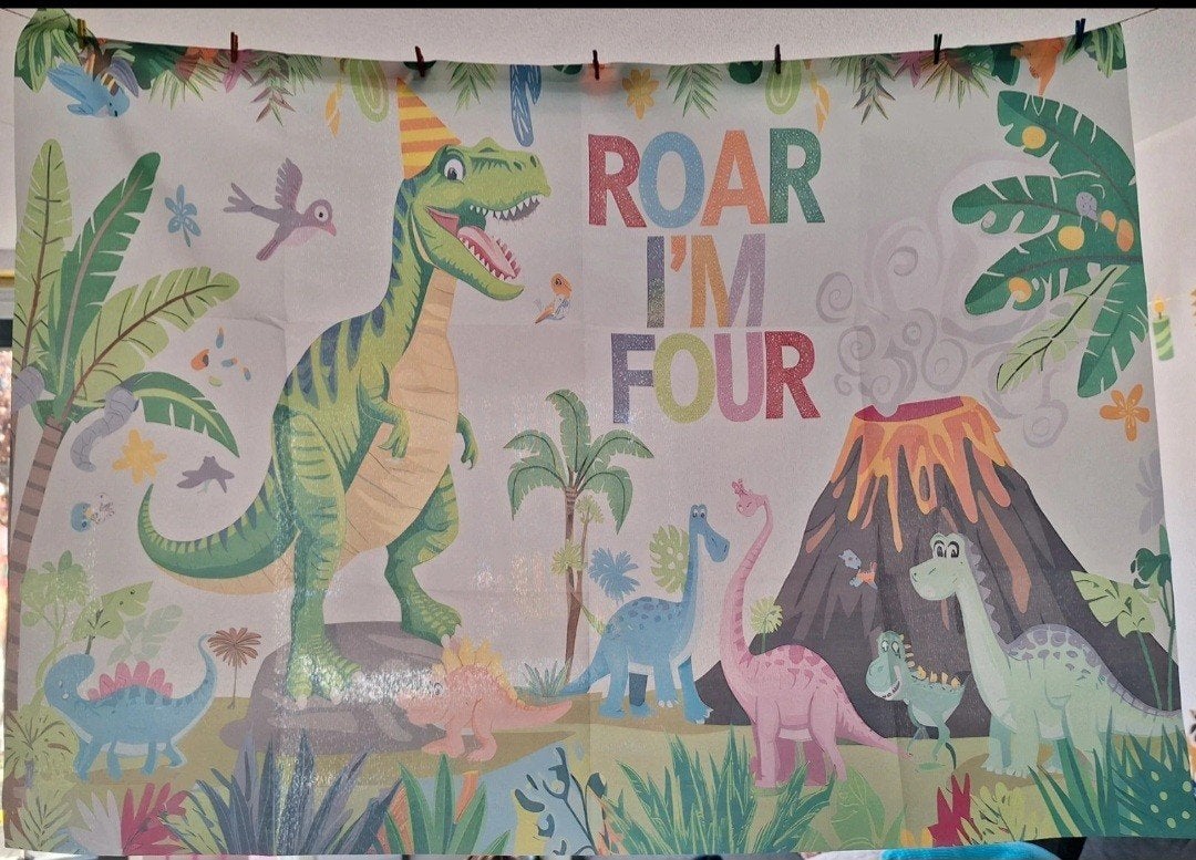 Dinosaurussen thema achtergrond voor een 4de verjaardag, Ophalen of Verzenden, Zo goed als nieuw, Versiering, Overige