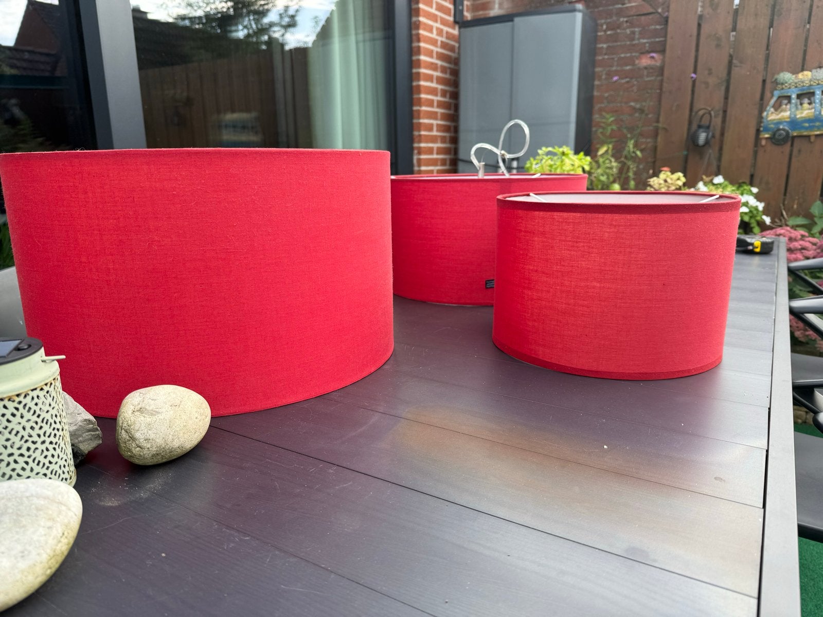 Set van 4 rode lampenkappen - diverse maten, Hanglamp, Gebruikt, Rond, Ophalen of Verzenden