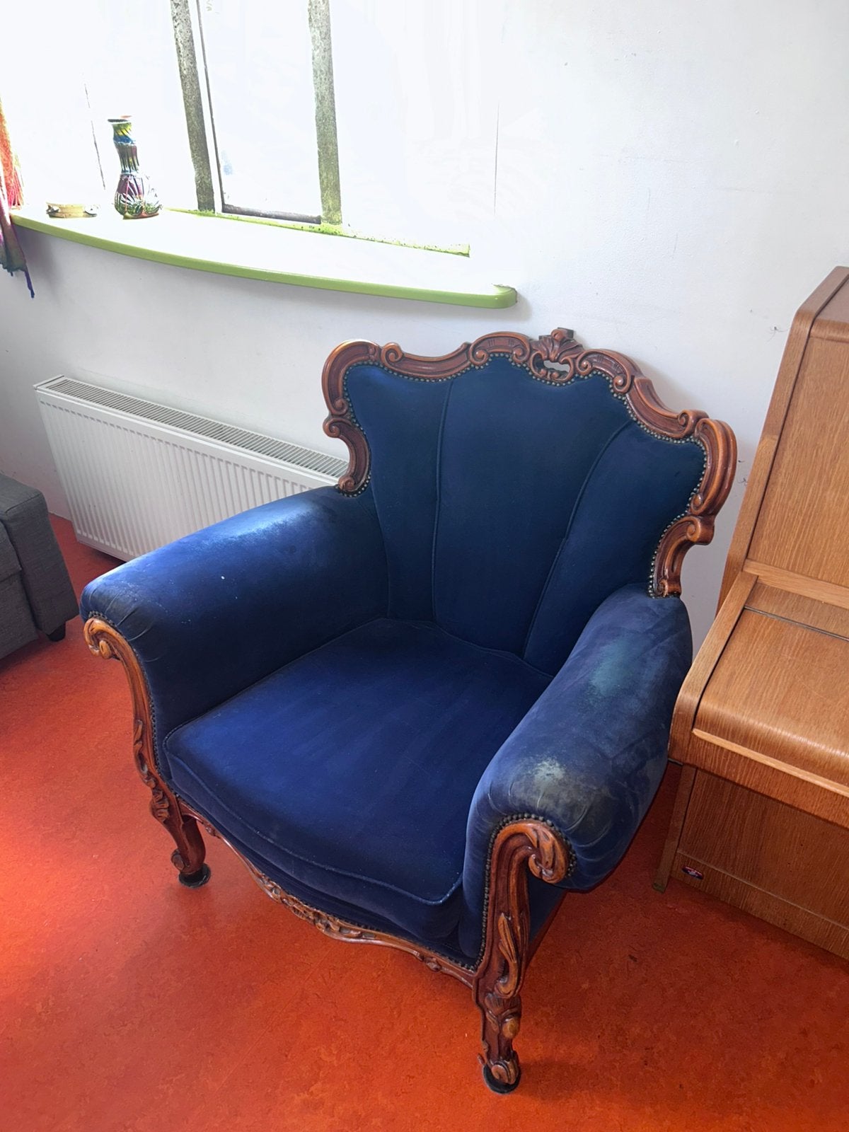 Antieke barok fauteuil – opnieuw gestoffeerd, blauw fluweel, Ophalen