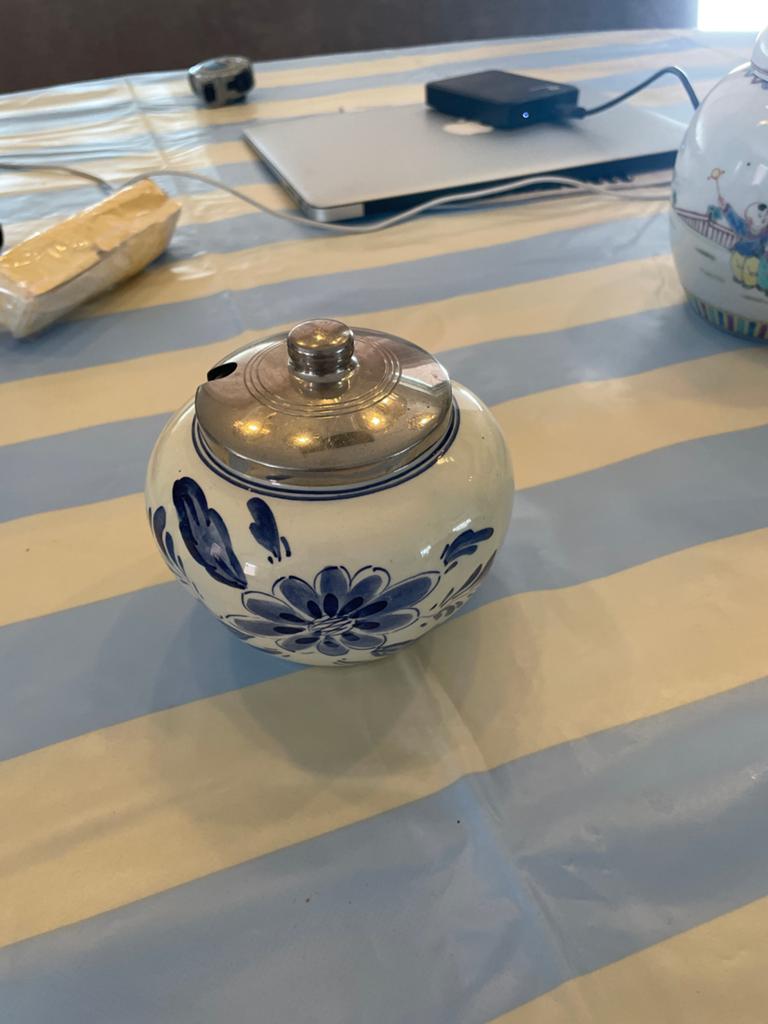 Antieke Delfts Blauwe Suikerpot met Tinnen Deksel, Ophalen