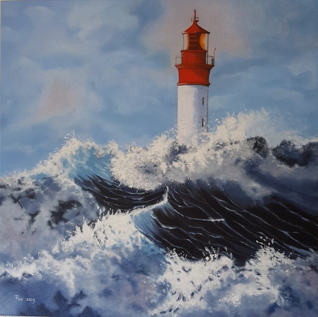Schilderij Vuurtoren, Vuurtoren in Zee, Vuurtoren eigen werk, Antiek en Kunst, Ophalen of Verzenden, Op houten frame, Olieverf