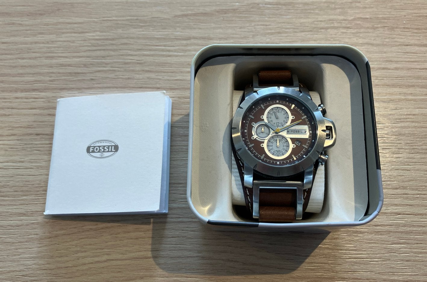 Fossil heren horloge (bruin - leer - staal) ️, Overige merken, Leer, Staal, Polshorloge