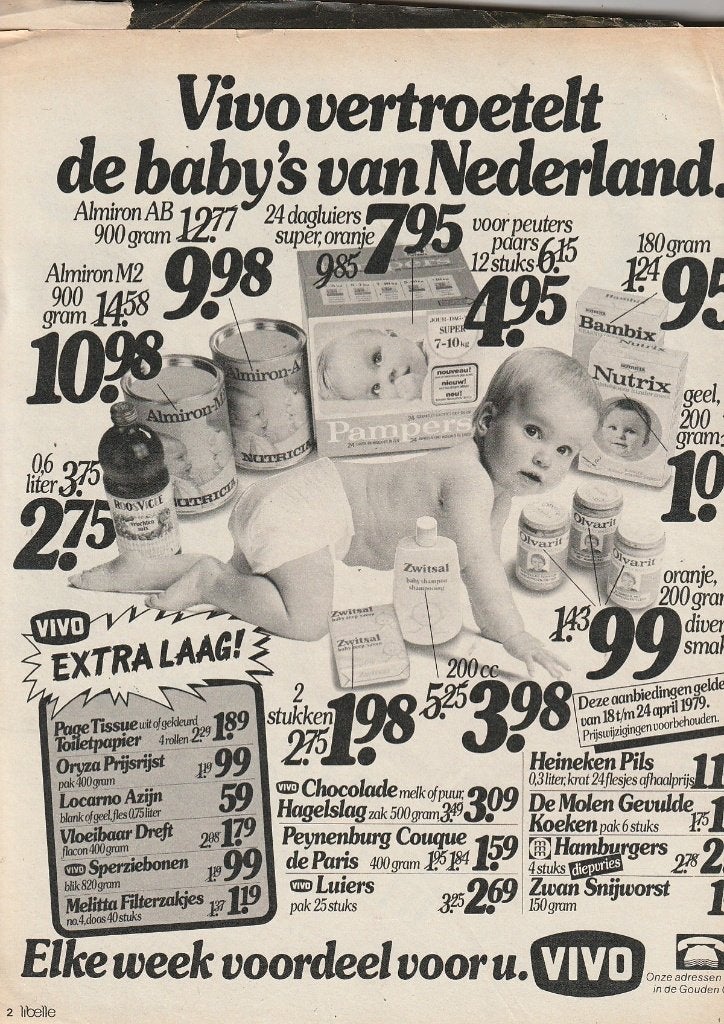 Retro reclame 1979 Vivo kruidenier Pampers baby luiers & pap, Verzenden, Overige typen