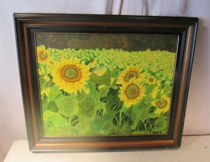 Mooi geschilderd Werk 'Veld met Zonnebloemen' - Peeraer, Bloemen, Doek, Ophalen of Verzenden, Olieverf