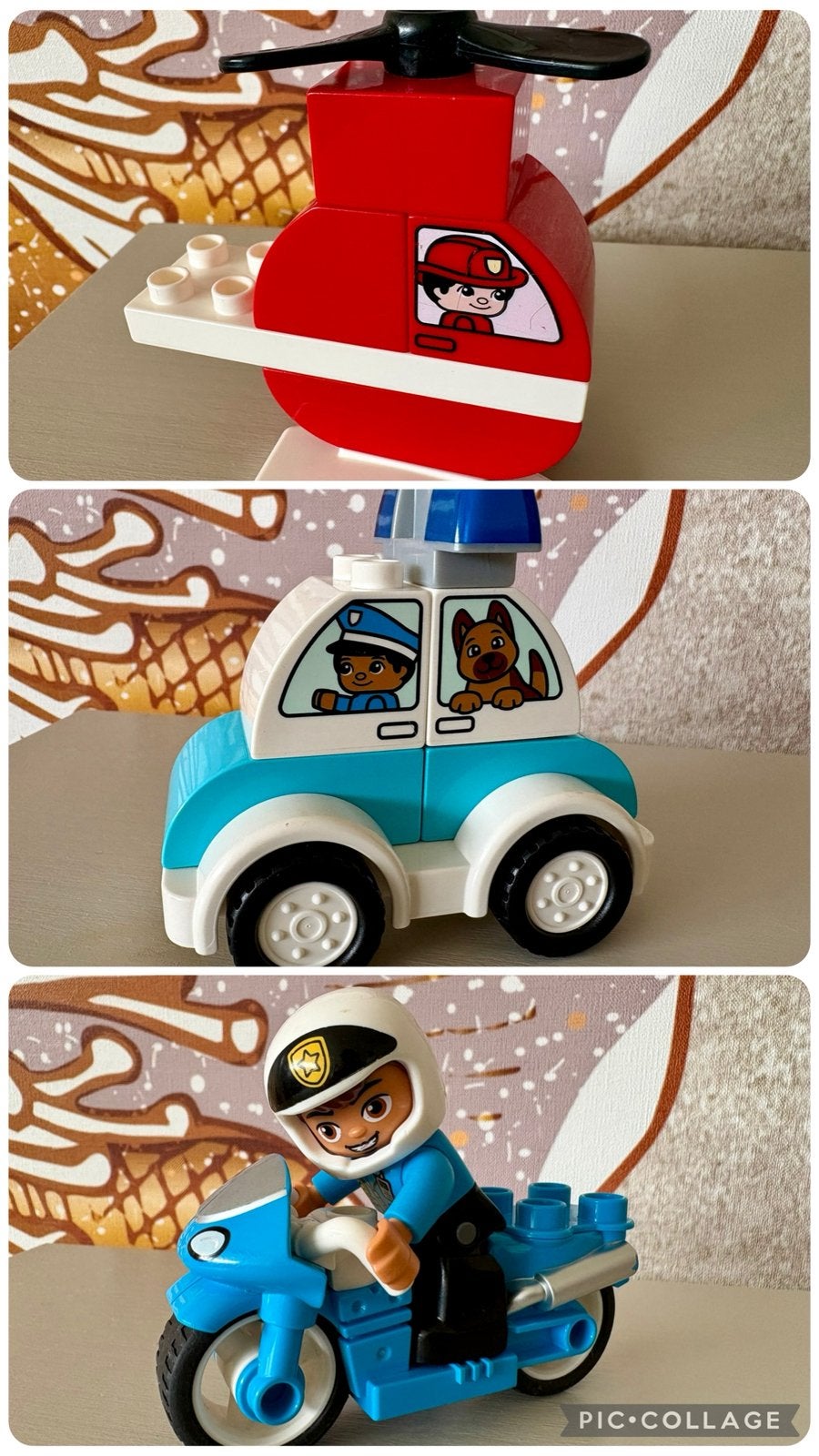 Duplo brandweer helikopter. politie auto en -motor, Ophalen of Verzenden, Zo goed als nieuw, Duplo, Inclusief minifiguren