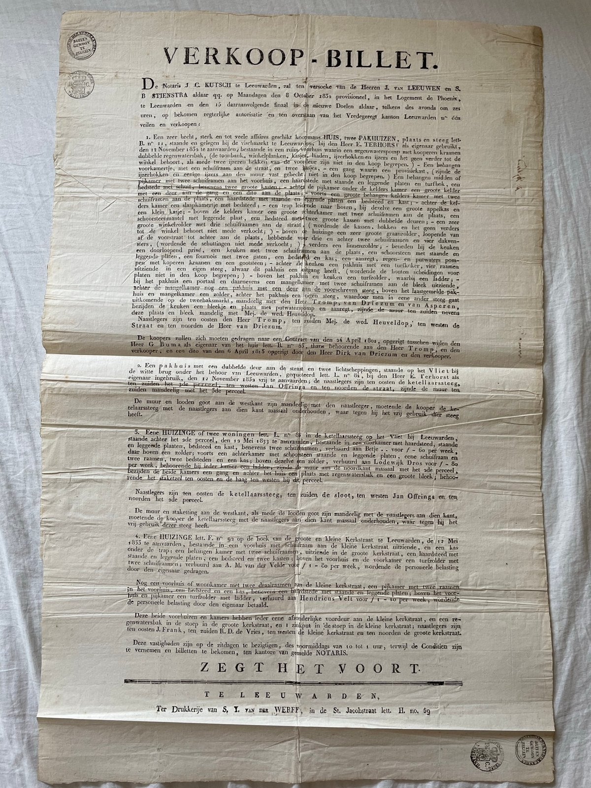 Verkoopbiljet Leeuwarden 1832 - Notaris J.C. Kutsch, Boeken, Ophalen of Verzenden