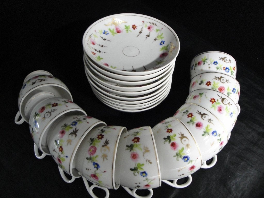 10 antieke koffiekopjes en schotels handbeschilderd, Ophalen of Verzenden