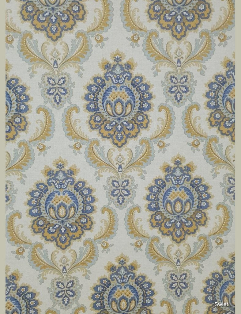 14047 seventies barok behang met blauw en goud swiet, Ophalen of Verzenden, Blauw