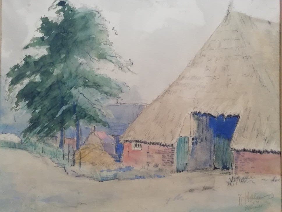 Oude aquarel van boerderij met rieten dak, gesigneerd, Antiek en Kunst, Kunst | Schilderijen | Klassiek, Ophalen of Verzenden