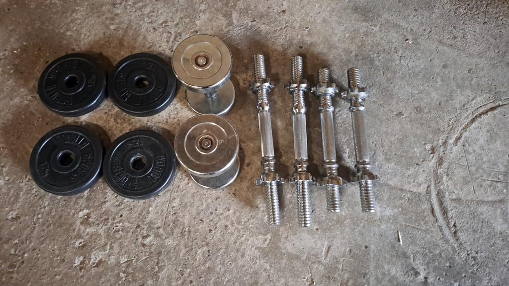 Dumbbellset met losse gewichten en stangen, Ophalen, Gebruikt, Rug, Halterset