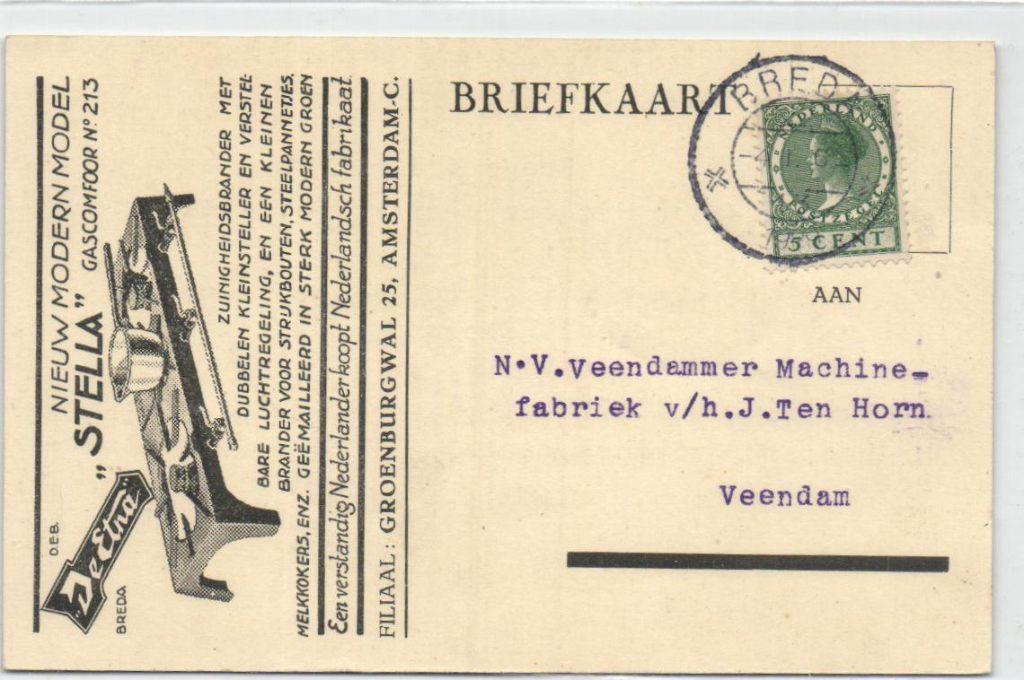 Briefkaart ETNA Breda -Gascomfoor ''Stella''- 1929, Verzenden, Gebruikt