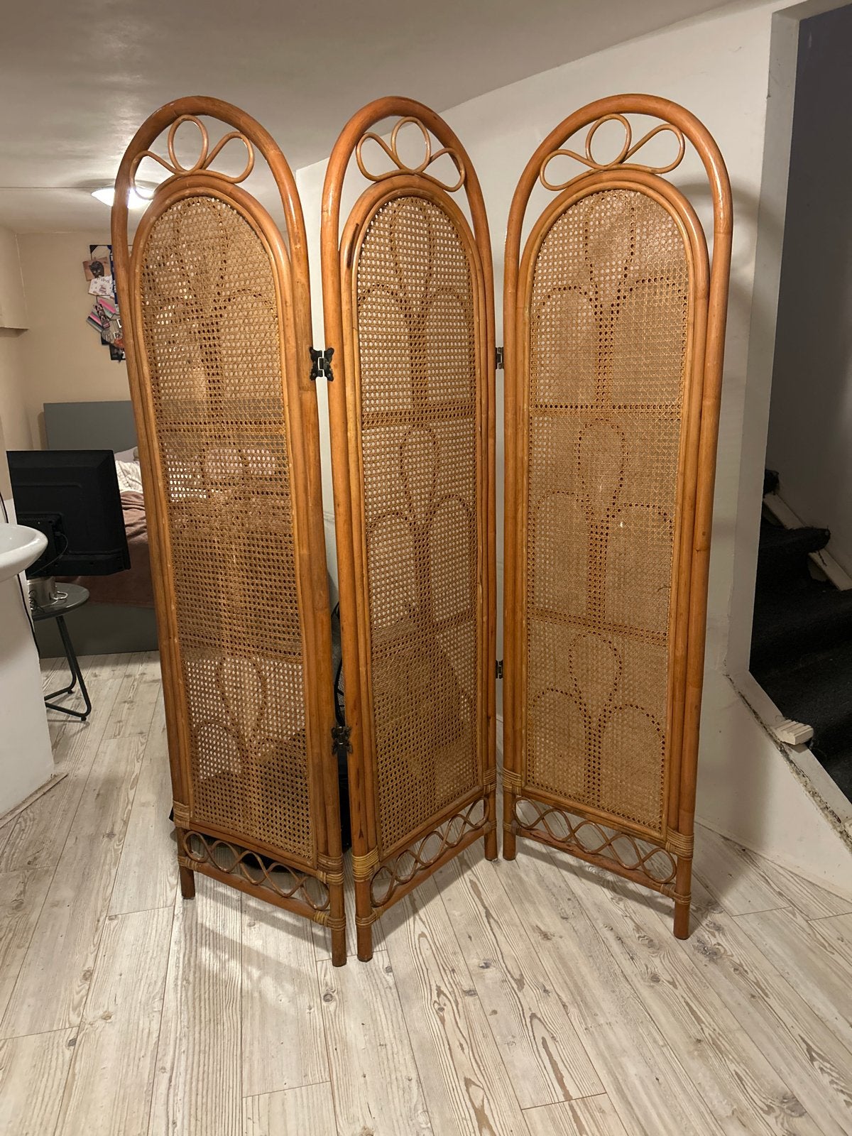 Vintage rotan kamerscherm - 3 panelen, Ophalen, Gebruikt