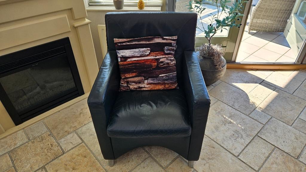 2 Leolux Leren Fauteuils - Donkerblauw, Ophalen, Gebruikt, 75 tot 100 cm, Leer