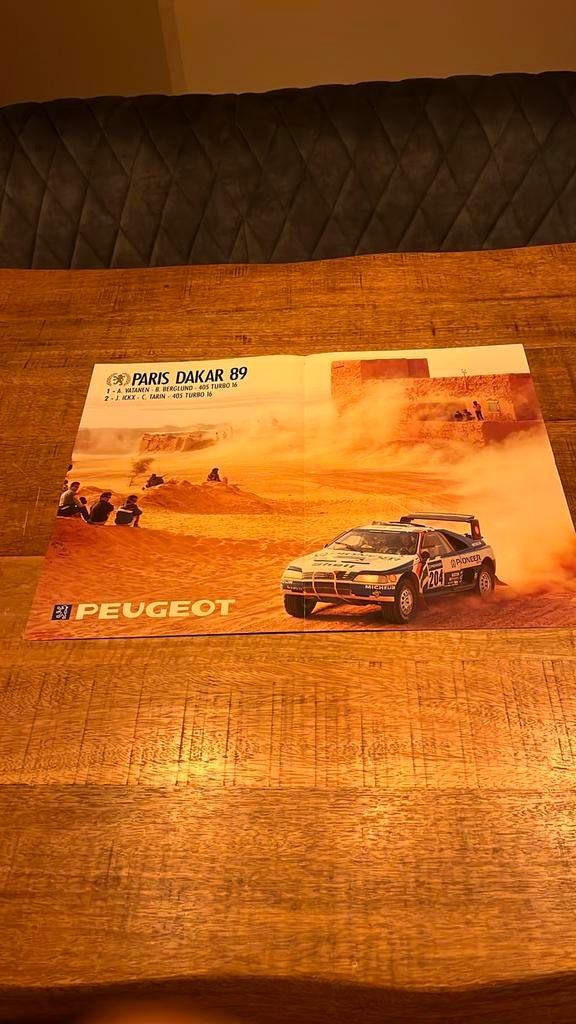 Poster Peugeot 405 T16 Parijs Dakar, Ophalen of Verzenden, Zo goed als nieuw, Auto's