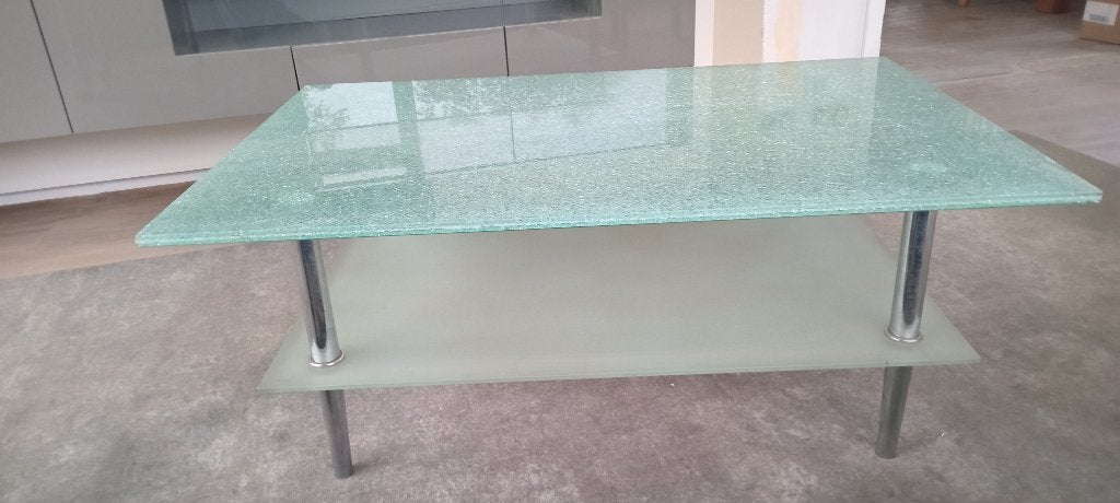 salontafel met glas en metaal, Ophalen, Gebruikt, 100 tot 150 cm, 50 tot 100 cm