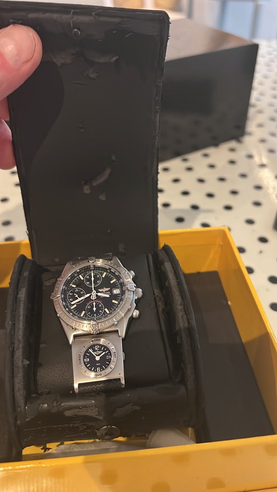 Breitling Chronomat Blackbird met UTC -  fullset vrpr 3350, Leer, Staal, Breitling, Polshorloge