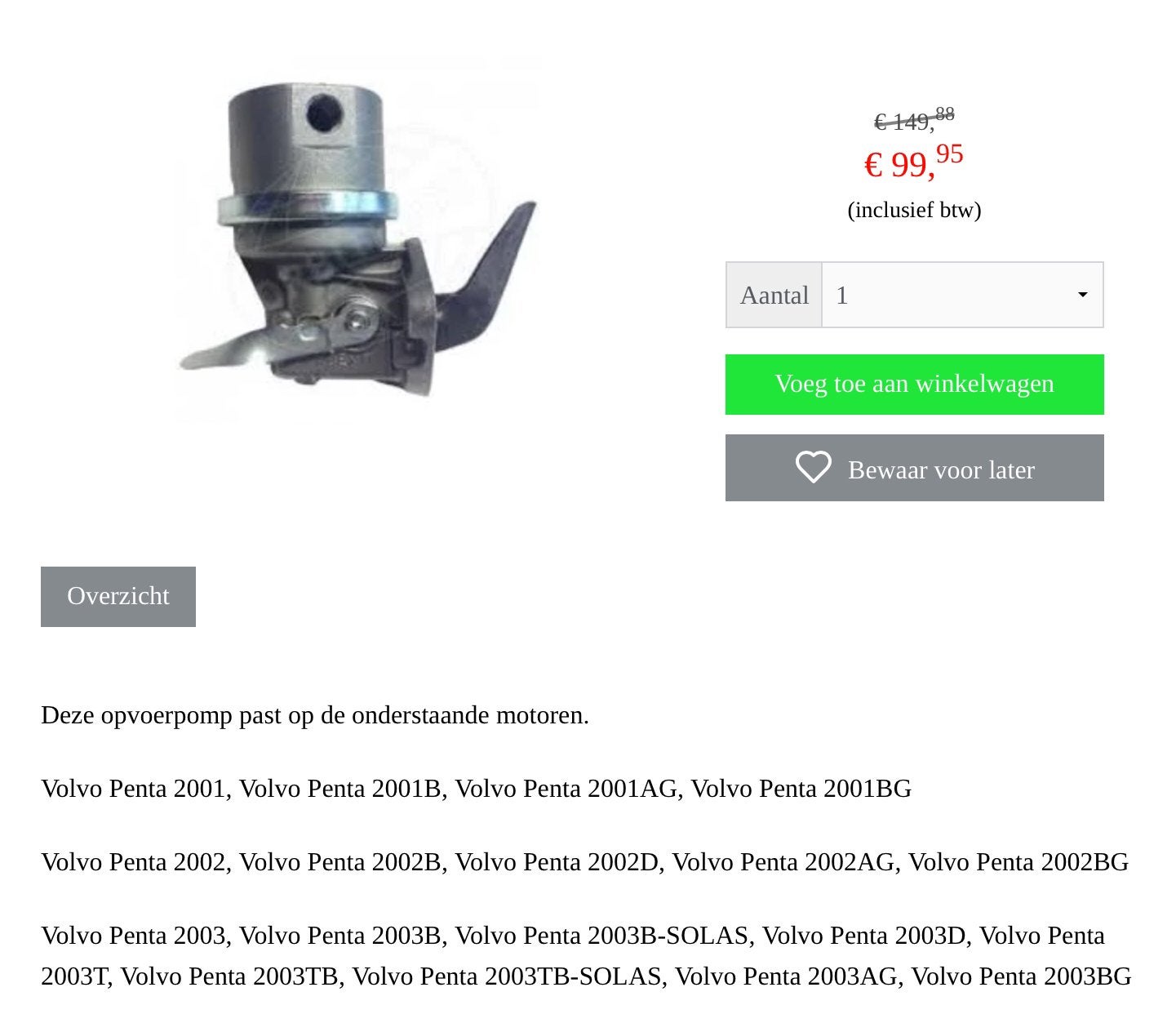Opvoerpomp Volvo Penta Nieuw!, Watersport en Boten, Bootonderdelen, Ophalen of Verzenden, Nieuw, Motor en Techniek, Zeilboot of Motorboot