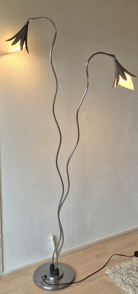 Bijzondere vintage design vloerlamp in RVS - 2 tulpen, Ophalen, Gebruikt, E14 (klein), Metaal