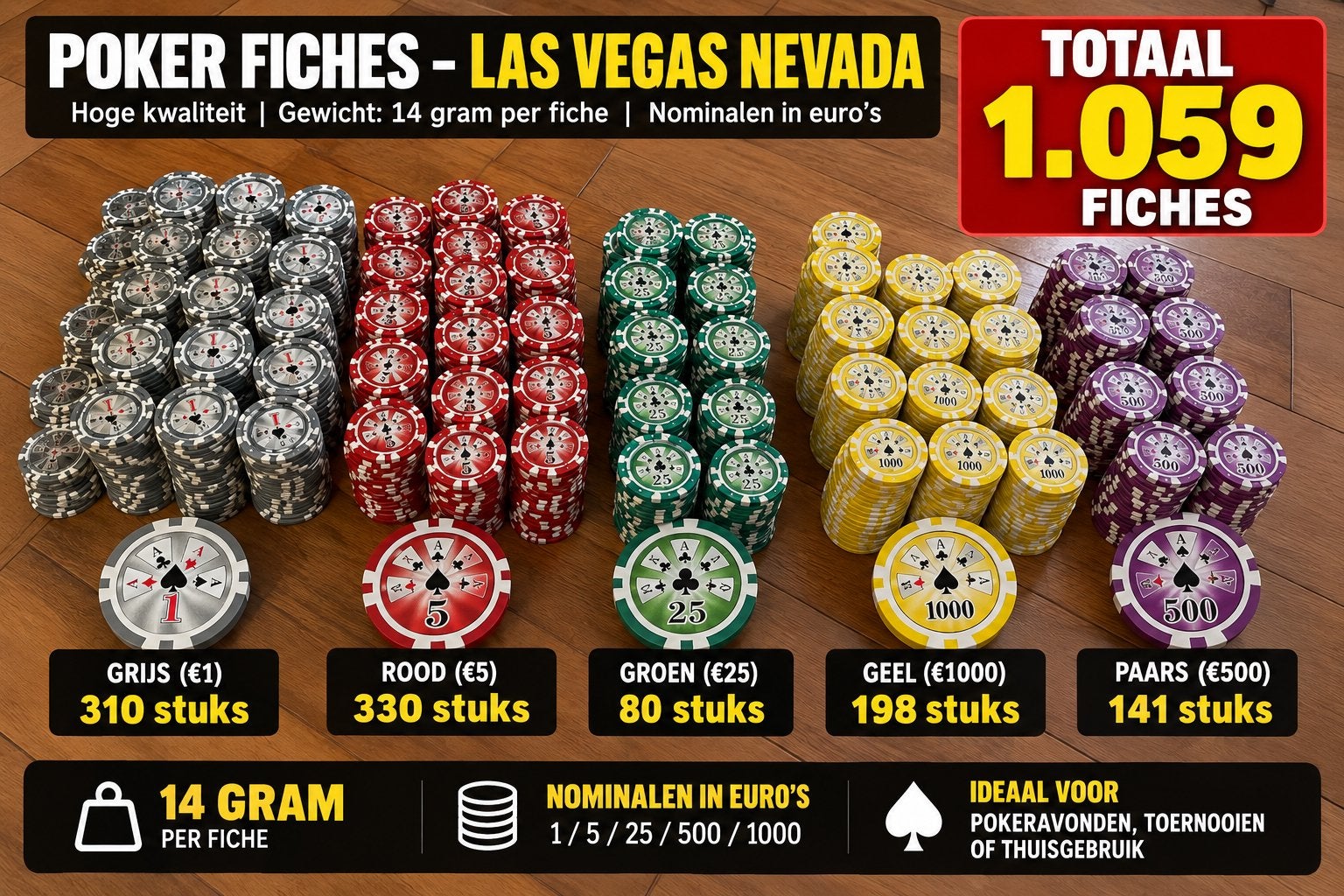 Pokerset 1000 fiches - Las Vegas Nevada 14 gram, Vijf spelers of meer, Ophalen, Gebruikt