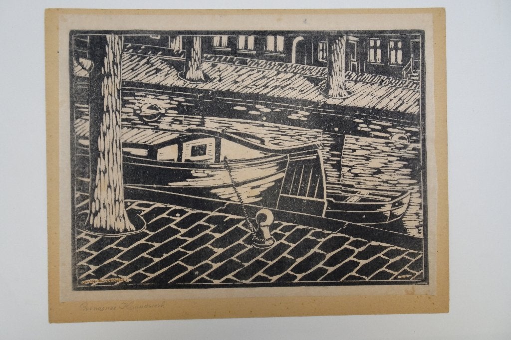 linosnede Amsterdamse gracht met boot, monogram LS, jaren 30, Ophalen of Verzenden, Overige technieken, Origineel