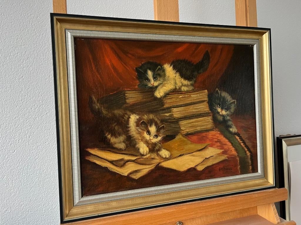 JW van Trirum, drie spelende kittens, Antiek en Kunst, Ophalen