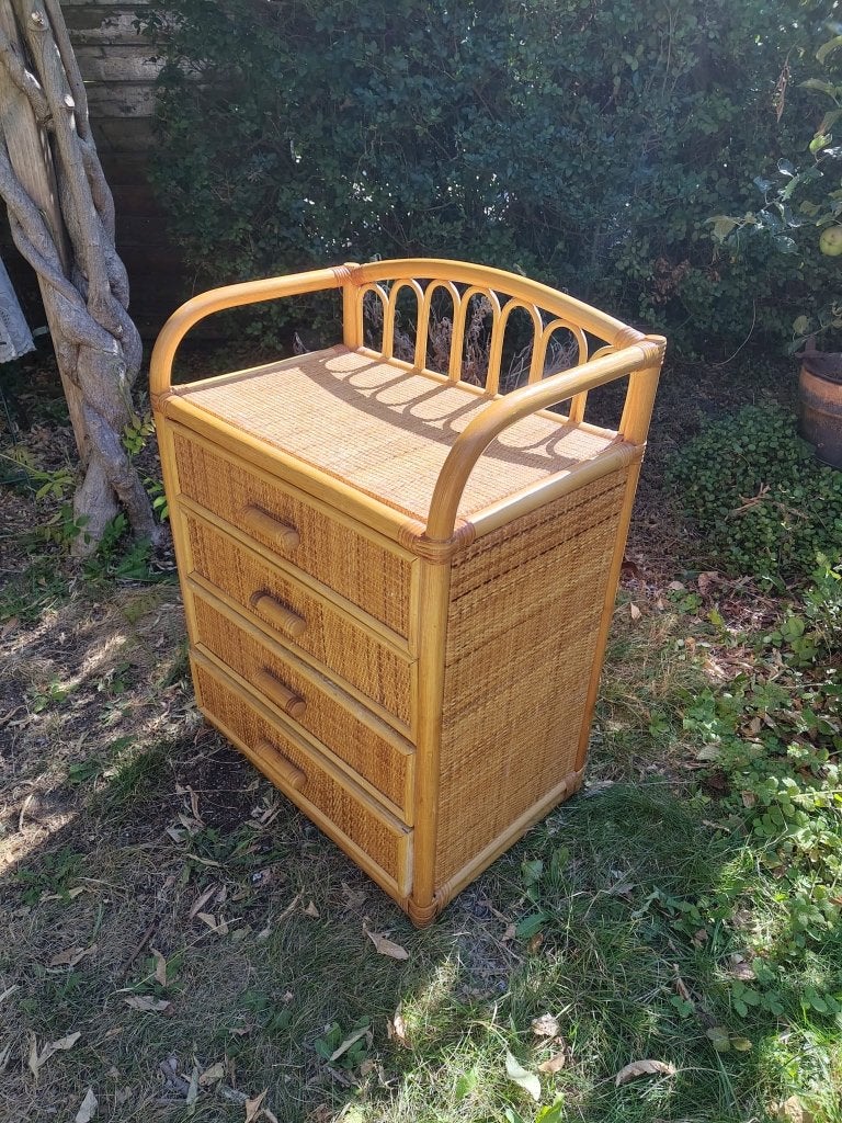 Vintage rotant ladekastje, Huis en Inrichting, Kasten | Ladekasten, Ophalen, Gebruikt, 50 tot 100 cm, 3 of 4 laden
